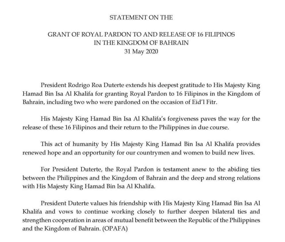Philippines President Duterte Thanks His Majesty King Hamad Bin Isa Al -Khalifa For Granting Royal Pardon To 16 Filipinos In The Kingdom Of Bahrain